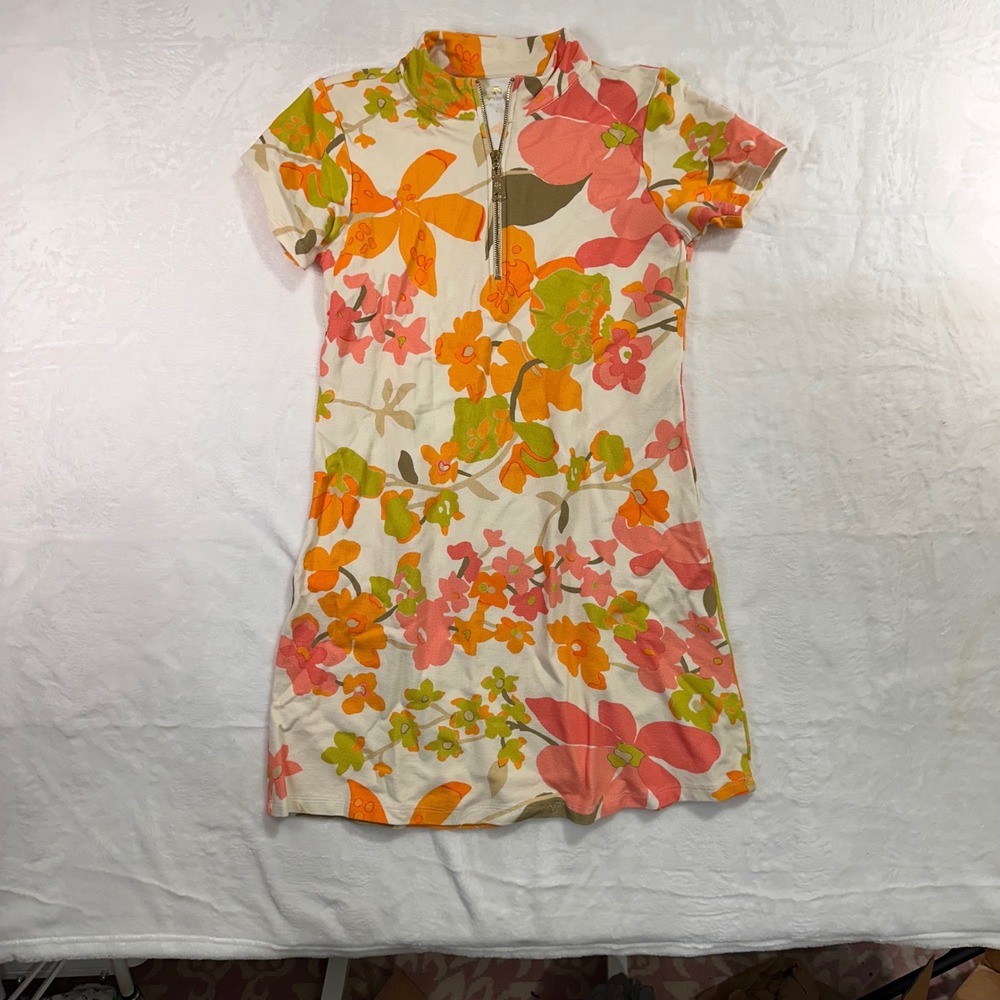 Spartina 449 Floral Shift Dress S Multicolor Quarter Zip Cotton Womens